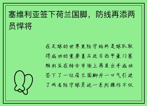 塞维利亚签下荷兰国脚，防线再添两员悍将