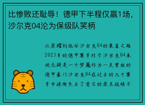 比惨败还耻辱！德甲下半程仅赢1场，沙尔克04沦为保级队笑柄